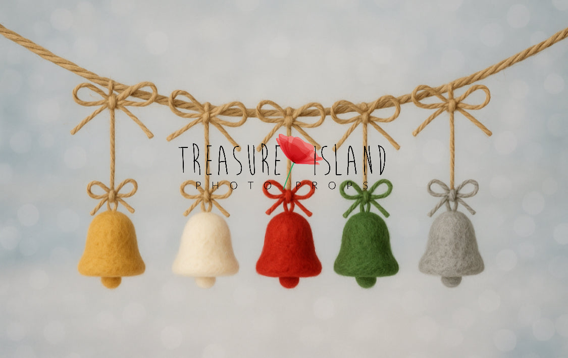 Hand-felted Christmas bell garland with yellow, white, red, green and grey merino wool bells