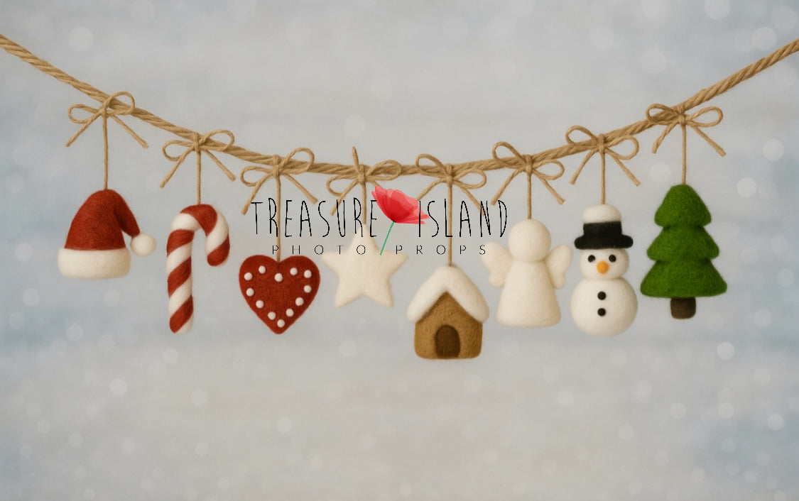 Hand-felted Christmas garland with Santa hat, candy cane, gingerbread heart, star, cottage, angel, snowman and tree