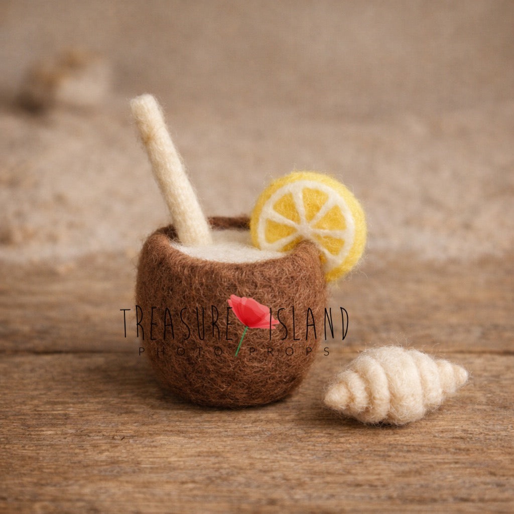 Hand-felted coconut lemon drink with miniature shell for newborn and sitter photography styling