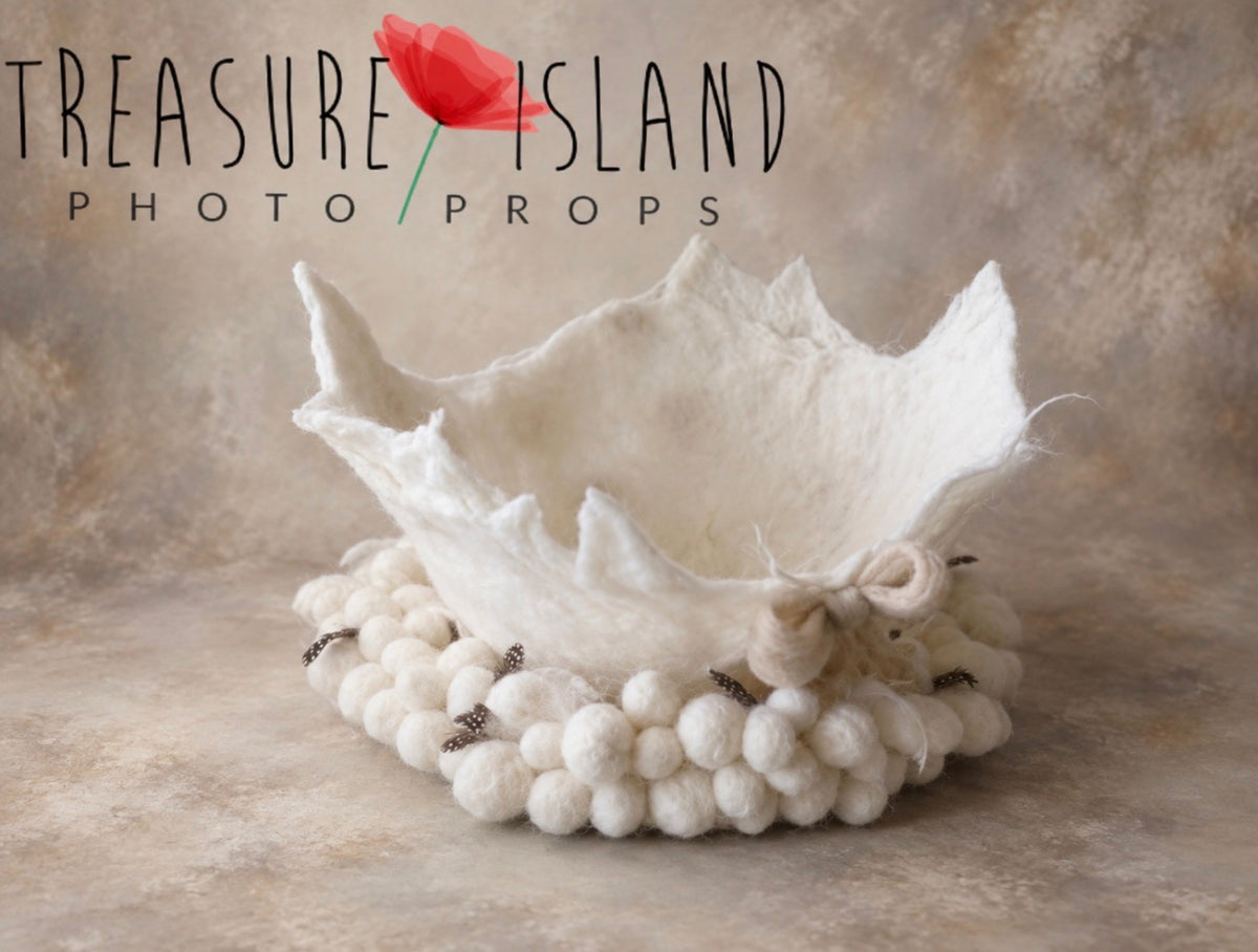 Handmade felted eggshell newborn photography prop with matching mini felted egg wreath