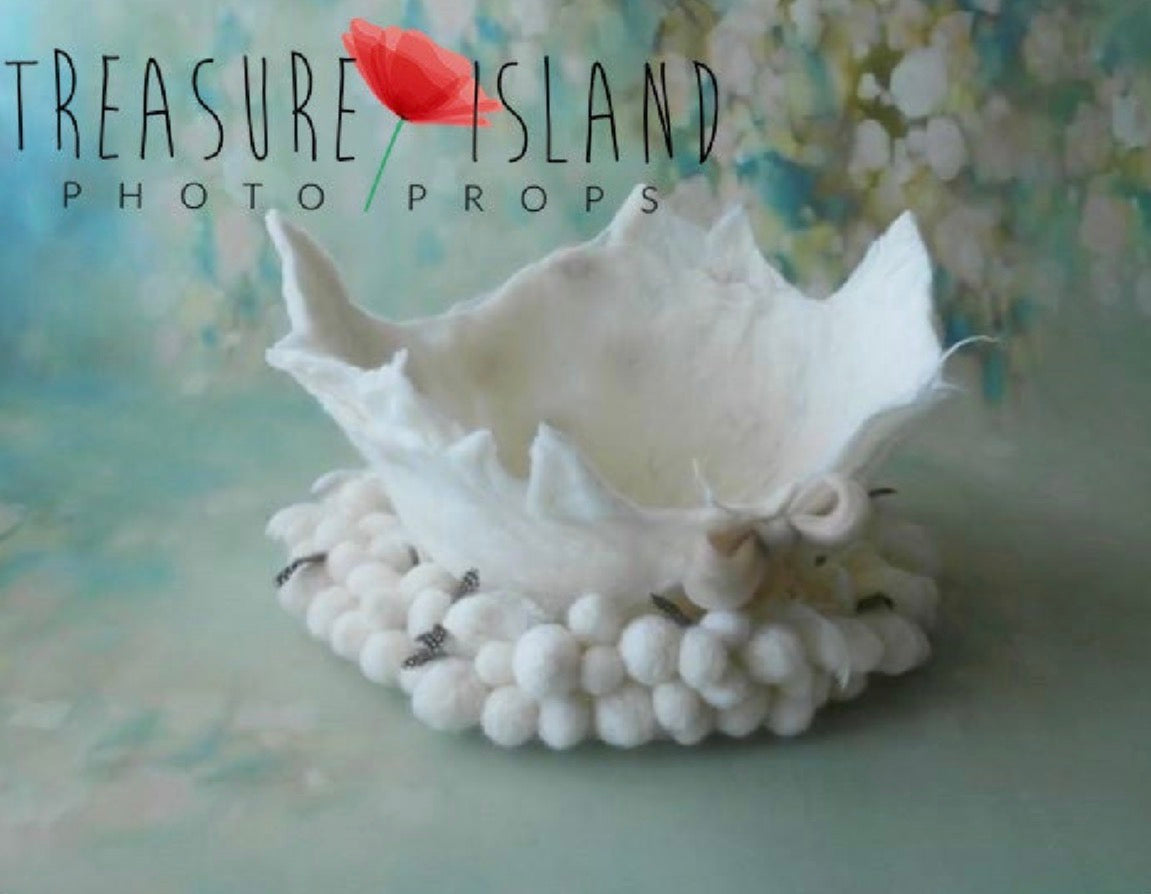 Handmade felted eggshell newborn photography prop with  mini felted egg wreath