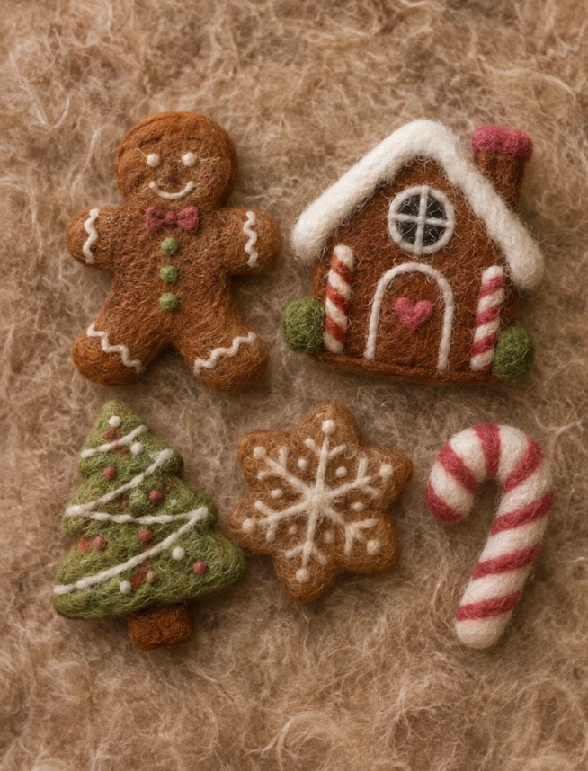 Hand-felted gingerbread Christmas photography props with gingerbread man, house, tree, snowflake cookie and candy cane.