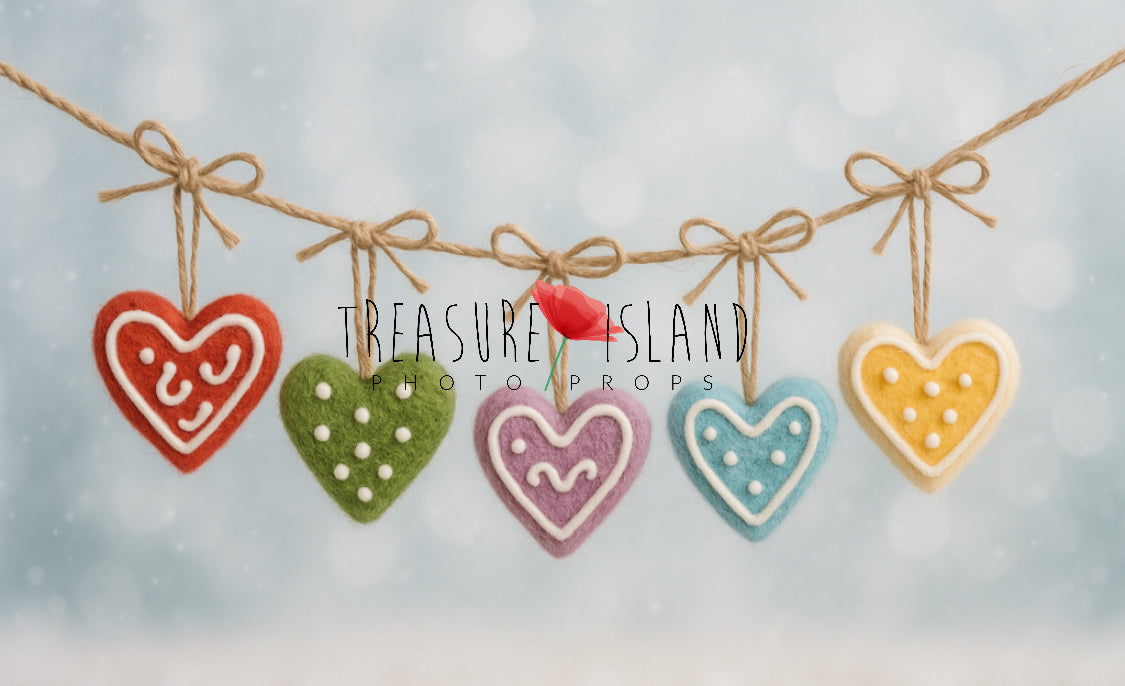 Hand-felted gingerbread heart garland with colorful iced cookie ornaments for Christmas photography
