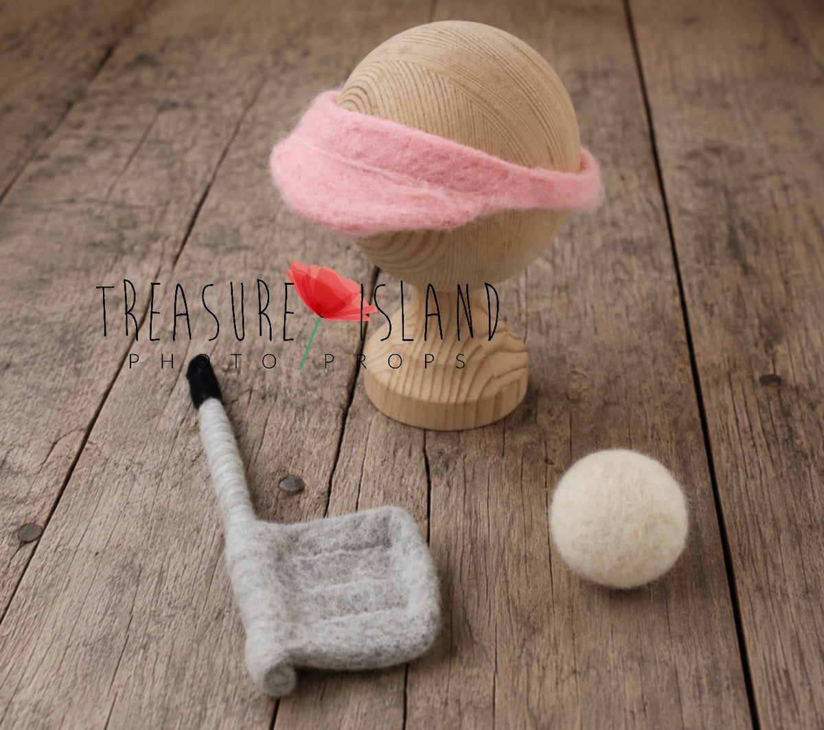 Pink felted newborn golf visor with miniature golf club and ball