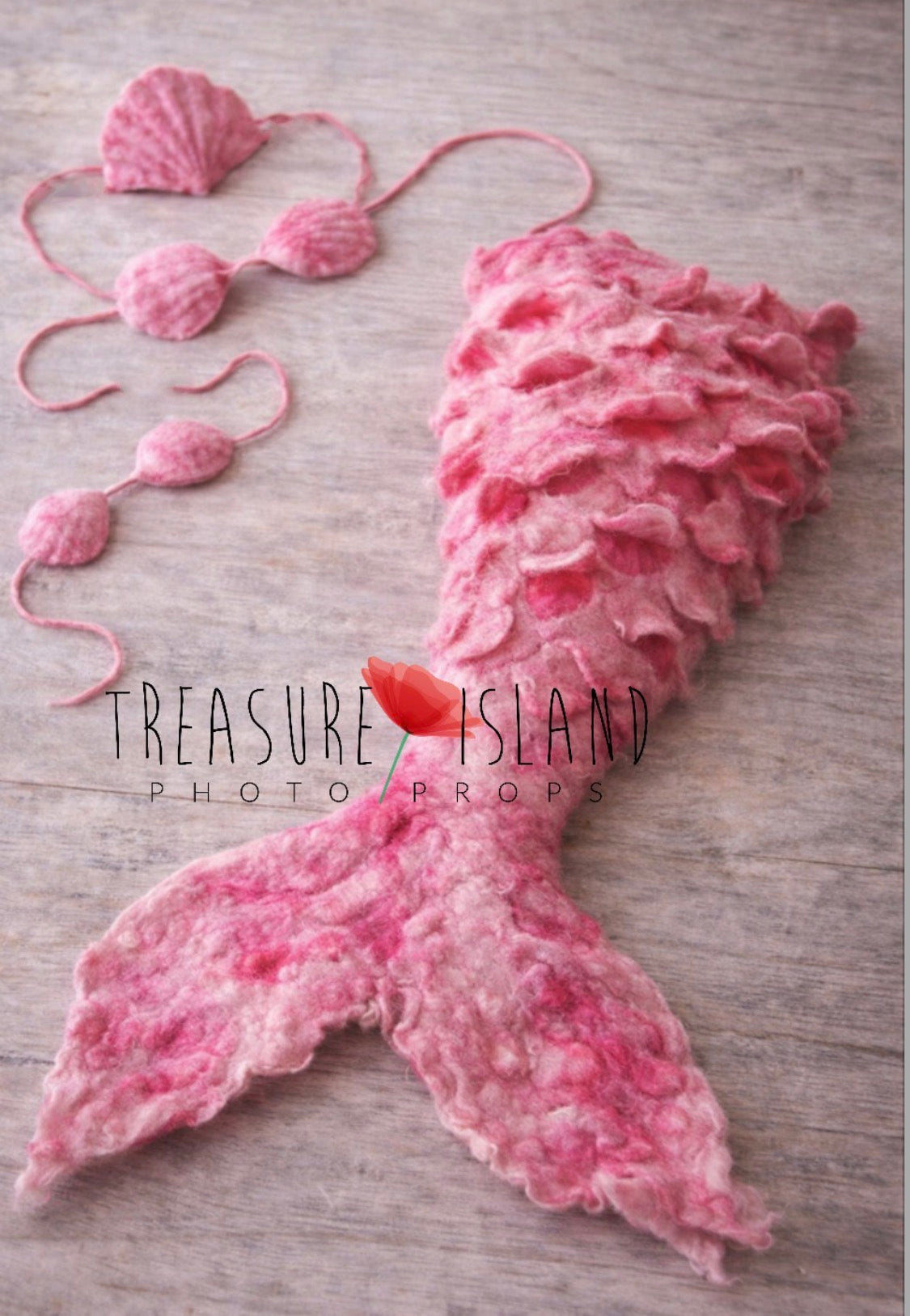 Blush Coral felted mermaid tail with matching shell top and headband