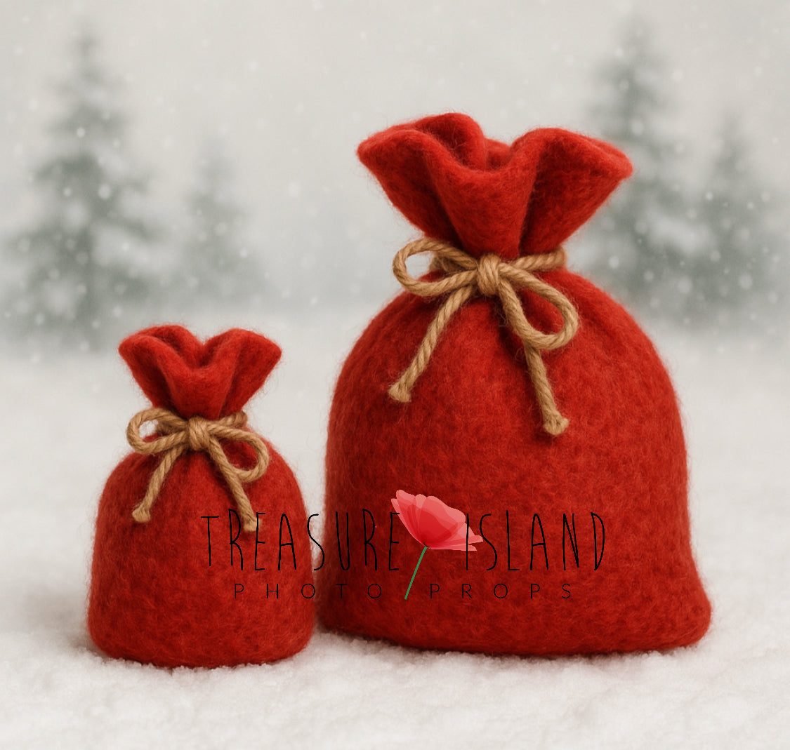 Two red hand-felted Santa sacks in 10 cm and 20 cm sizes for Christmas photography setups