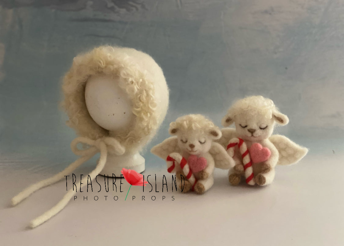 Felted sheep bonnet with two Christmas sheep angel props for newborn photography