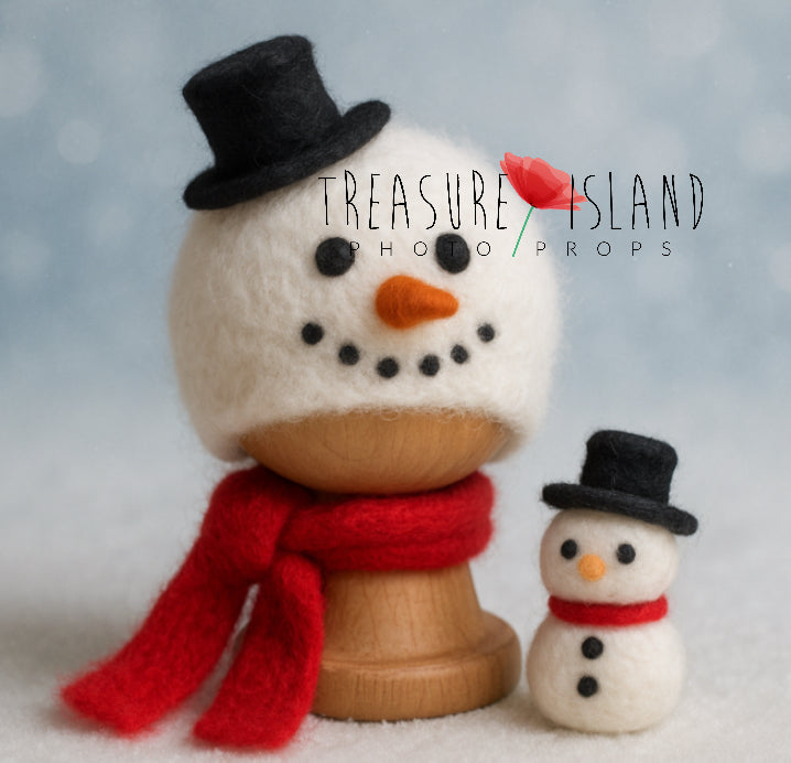 Hand-felted Snowman bonnet with black top hat, red scarf and matching mini snowman toy for newborn winter photography