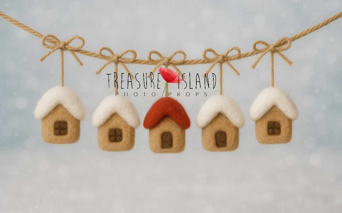 Hand-felted snowy cottage garland with five merino wool houses for winter photography setups