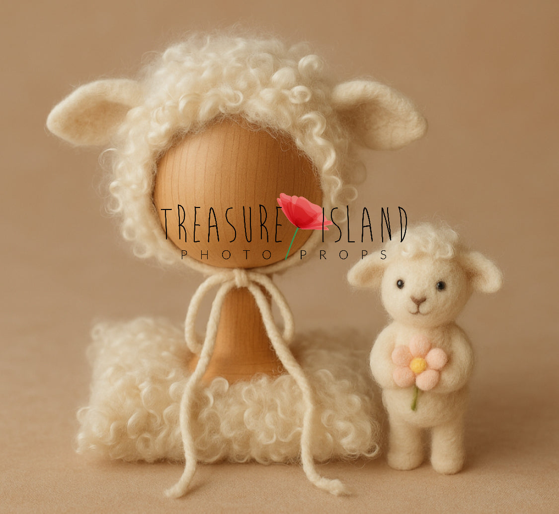 Felted Spring Lamb Set with curly wool bonnet, matching sheep pillow and handmade lamb holding a pink flower