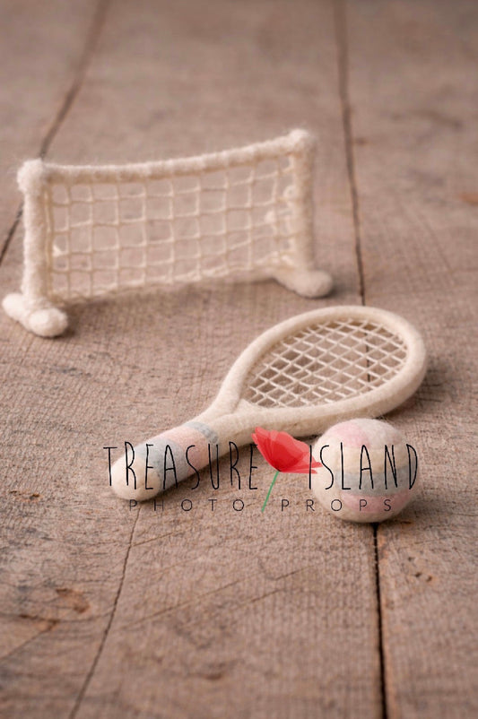 Hand-felted miniature tennis racket, ball and net for newborn photography
