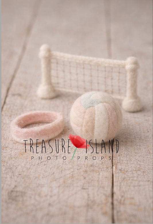 Hand-felted volleyball set with miniature net, ball and wristband for newborn photography