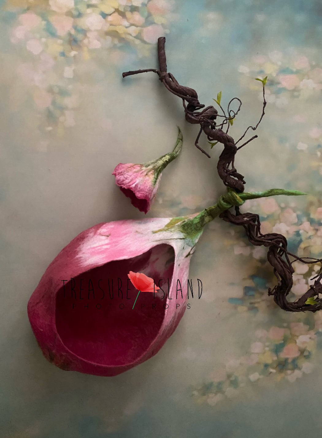 Handmade wool flower cocoon with matching felted flower bonnet