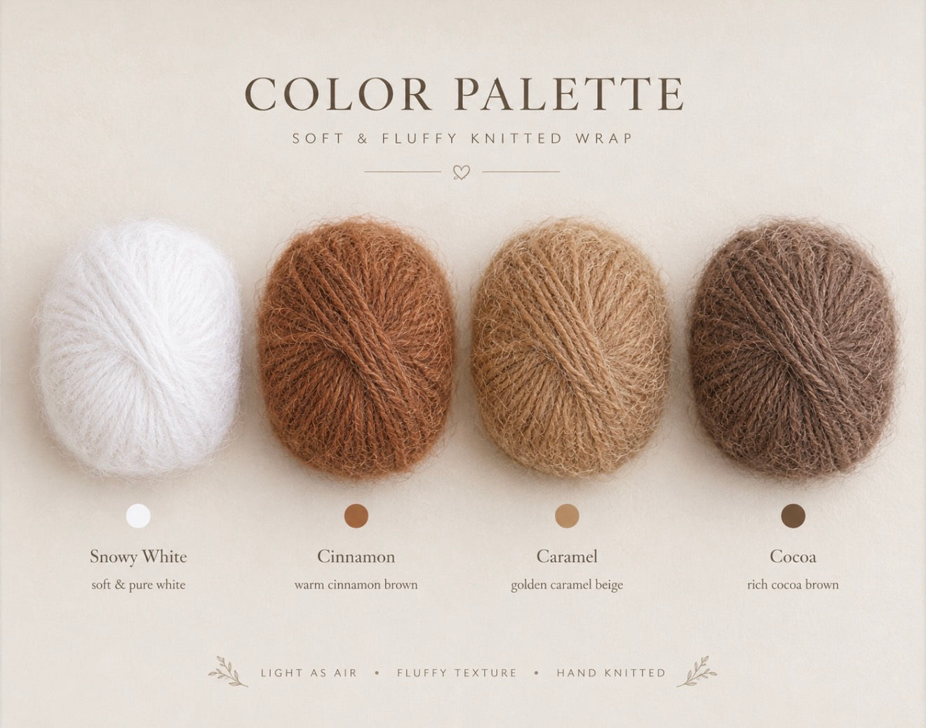 Fluffy newborn photography wrap color palette in Snowy White, Cinnamon, Caramel and Cocoa