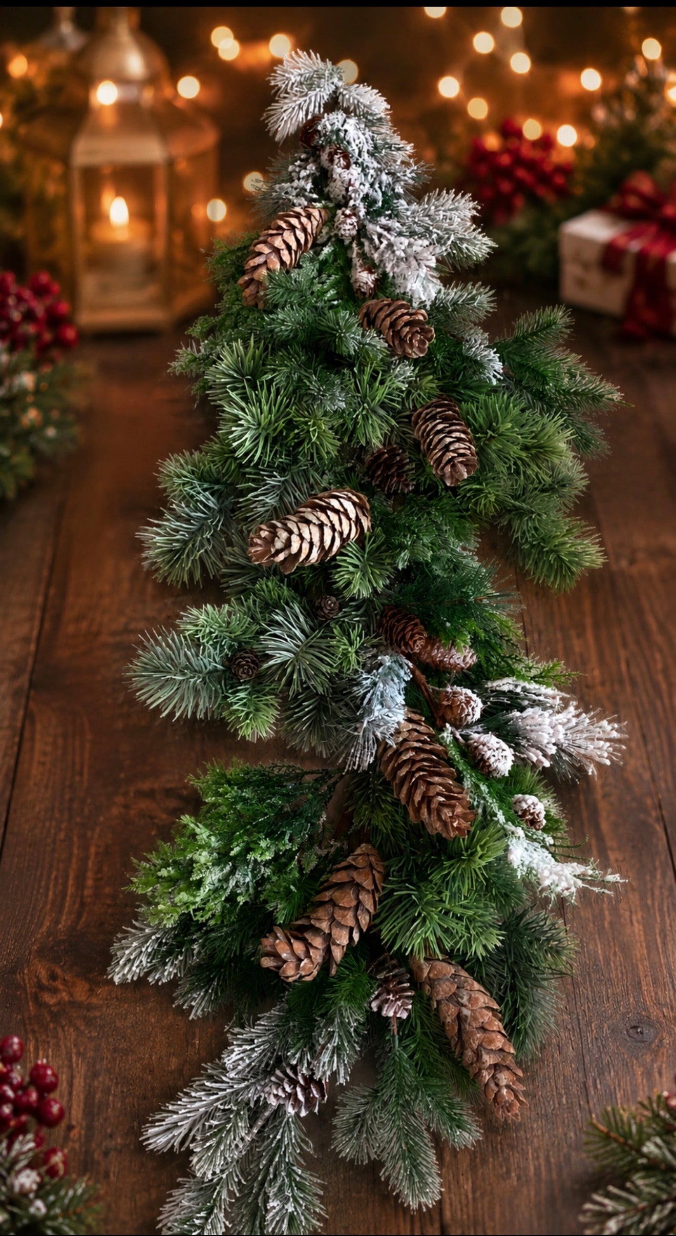 Frosted 110 cm winter pine garland with snow-dusted evergreen branches and natural pinecones for Christmas photography