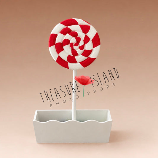 Giant red and white peppermint lollipop prop for newborn sitter and Christmas photography