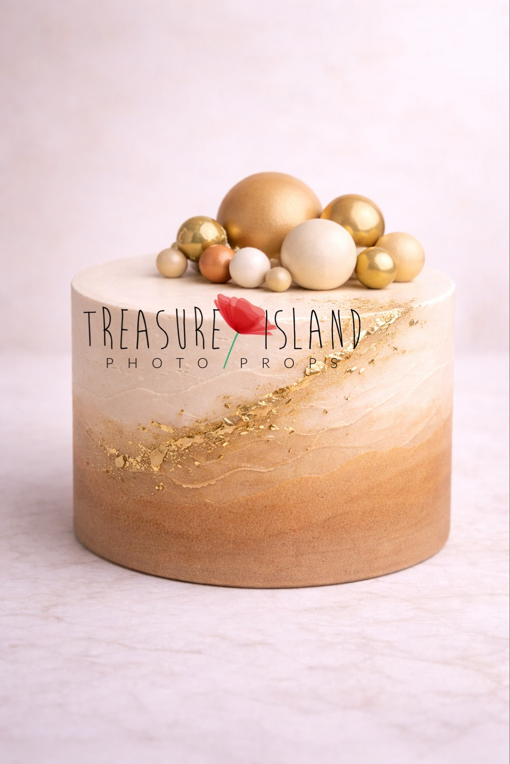 Golden Mane structural styrofoam cake smash prop with gold accents and decorative spheres