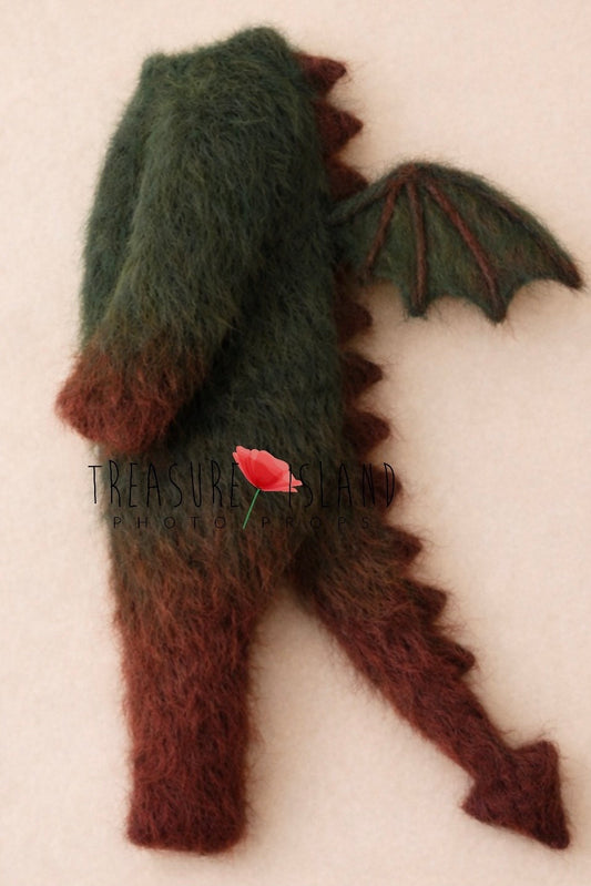 Green fluffy Dragon Romper with burgundy wings, back spikes and sculpted tail for fantasy newborn and sitter sessions