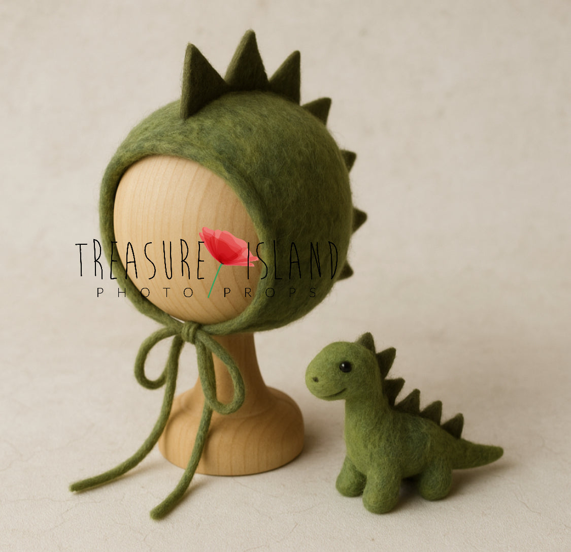 Green hand-felted Dino bonnet with matching dinosaur toy for newborn and sitter photography