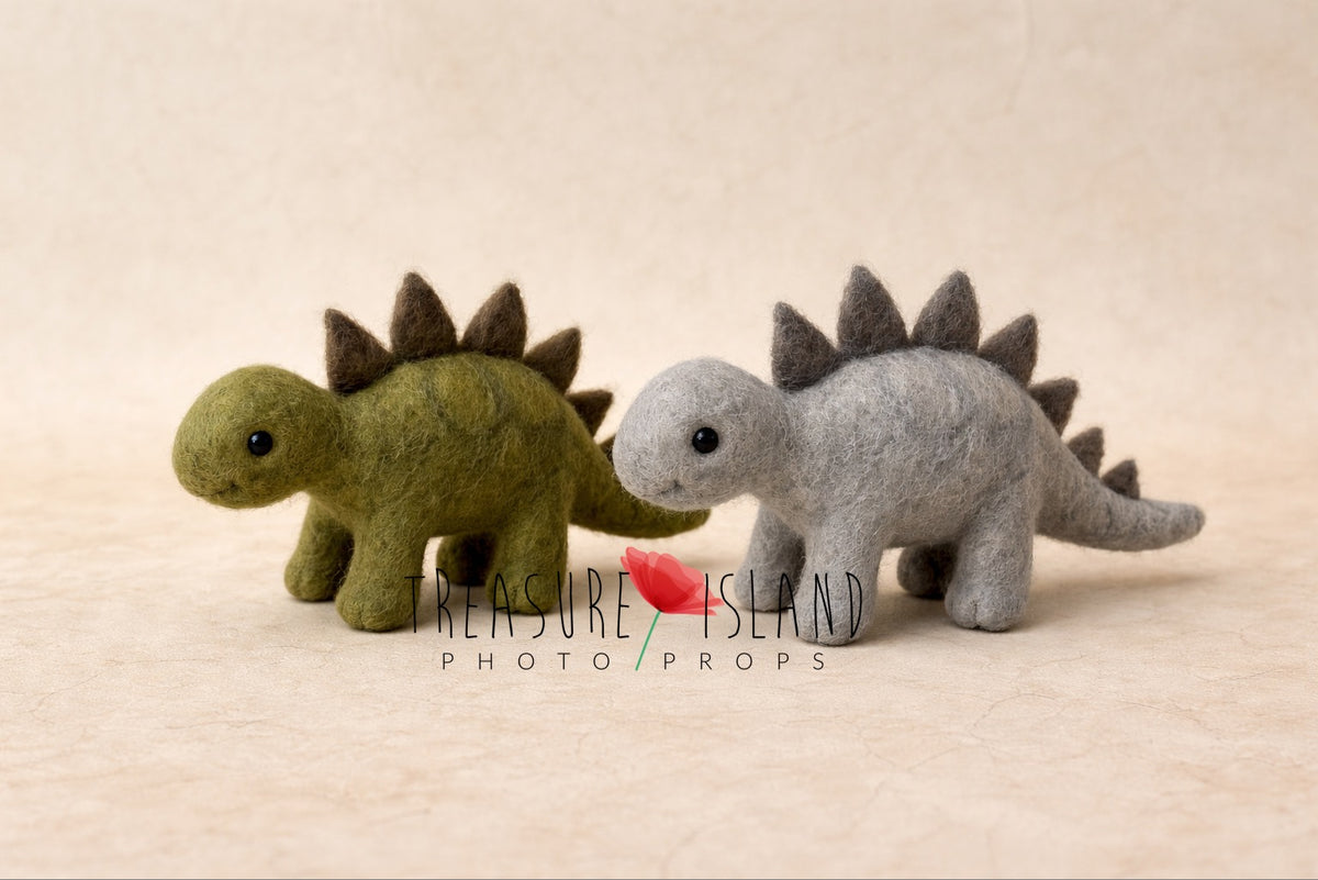 Green and grey hand-felted wool dinosaur props for newborn and sitter photography
