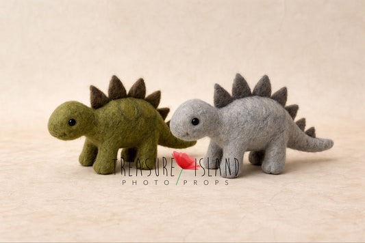 Green and grey hand-felted wool dinosaur props for newborn and sitter photography