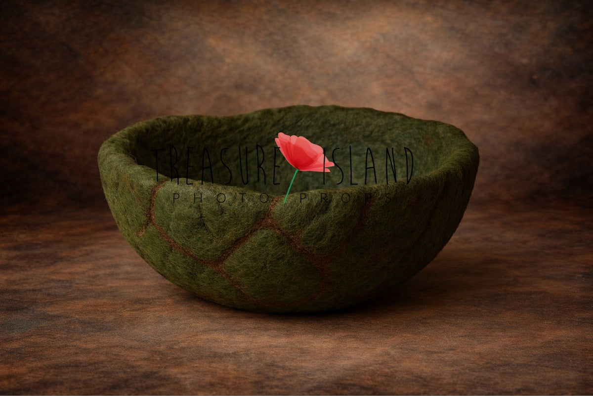 Handmade green Volcano Bowl with sculpted stone effect for fantasy newborn and sitter photography