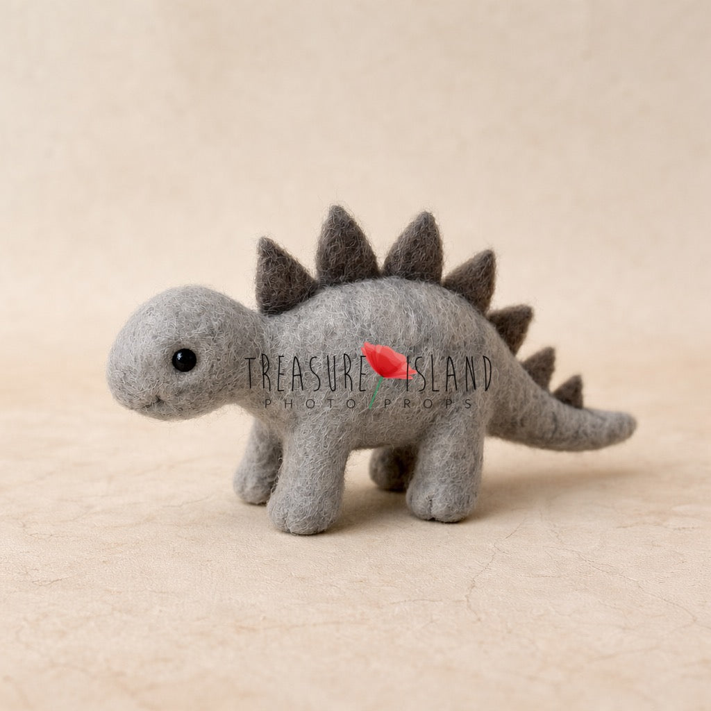 Grey hand-felted wool dinosaur props for newborn and sitter photography