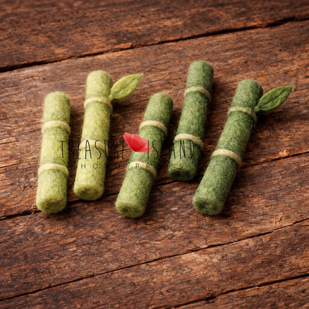 Hand-felted bamboo shoots in natural green and pistachio for Panda photography styling