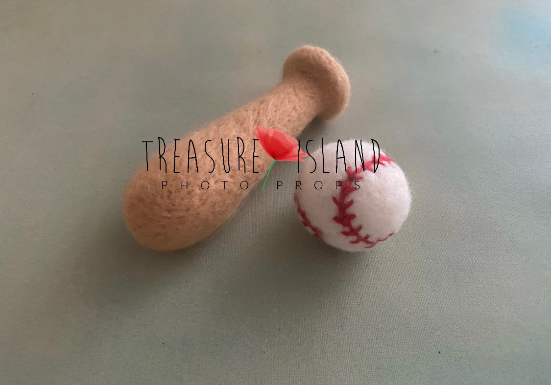 Hand-felted baseball bat and ball set for newborn sports photography