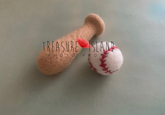 Hand-felted baseball bat and ball set for newborn sports photography