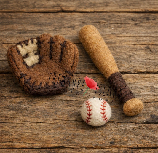 Hand-felted baseball glove, bat and ball set for newborn sports photography