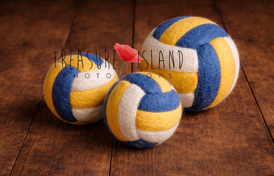 Hand-felted white yellow and blue beach volleyball balls in three sizes for newborn and sitter photography