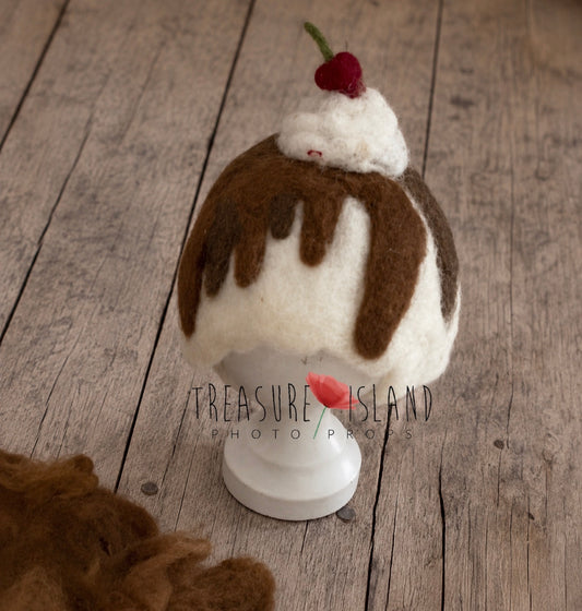 Hand-felted cream cupcake bonnet with chocolate icing, whipped cream and cherry for newborn photography