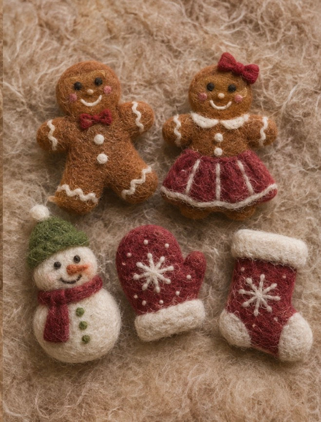 Hand-felted Christmas mini photography props set with gingerbread boy and girl, snowman, mitten and stocking.