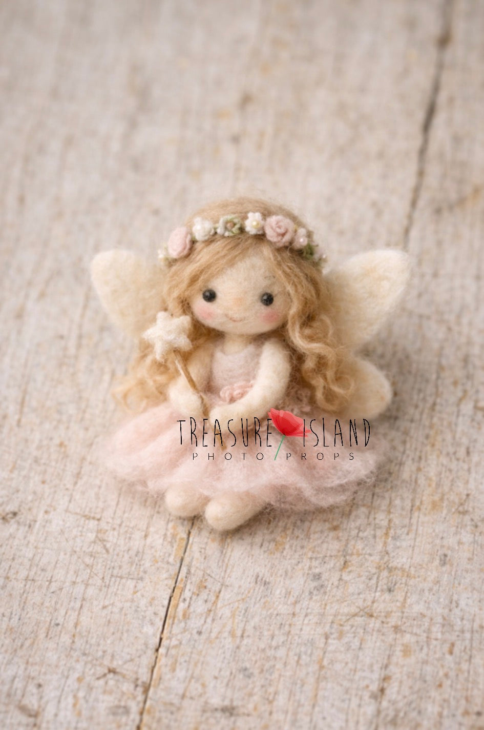 Hand-felted blush pink fairy doll with wings, floral crown and magic wand for newborn photography
