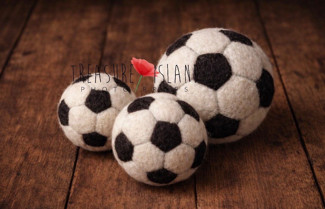 Three hand-felted football balls in different sizes for newborn and sitter sports photography