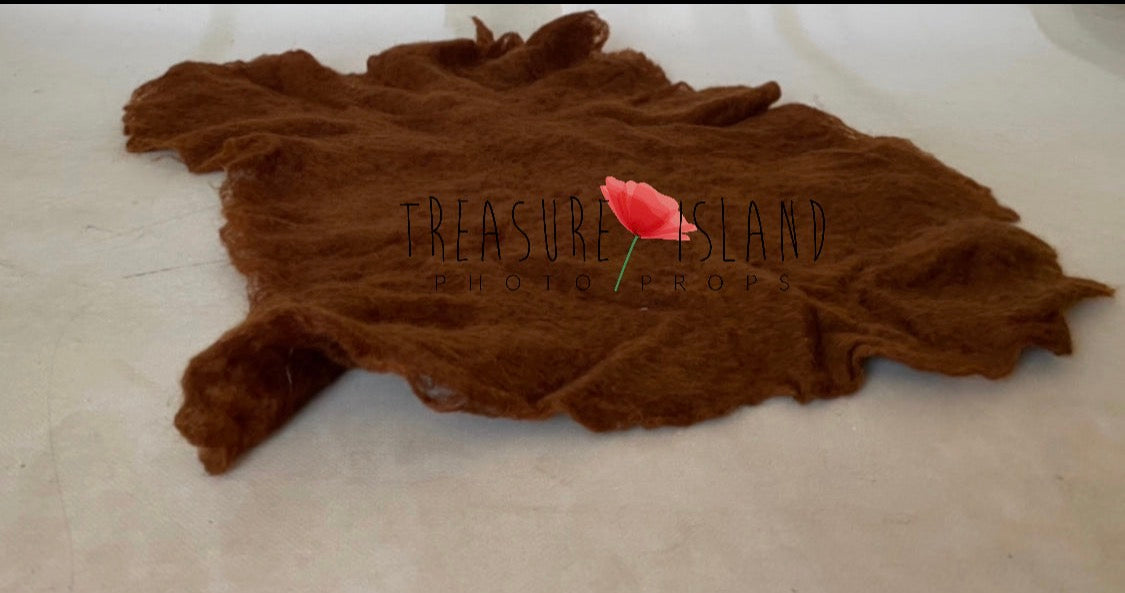 Milk chocolate hand-felted irregular wool blanket with organic edges