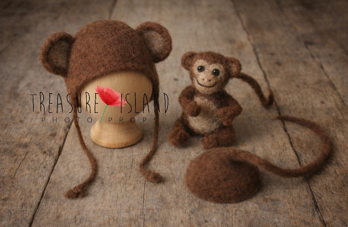 Hand-felted Little Monkey newborn photography set with monkey bonnet, miniature monkey and tail prop