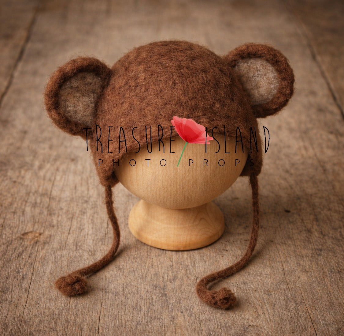 Brown hand-felted monkey bonnet with rounded ears for newborn photography