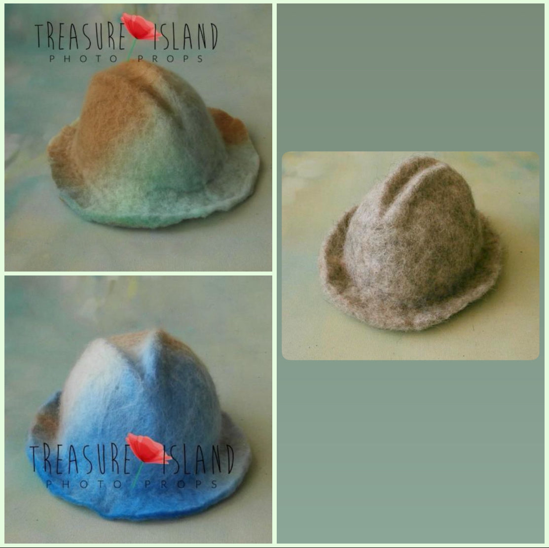 Hand-felted newborn and sitter photography hats in grey, sky blue & warm beige and sage & olive color options