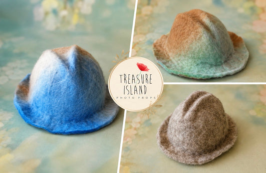 Hand-felted newborn and sitter photography hats in custom wool color combinations