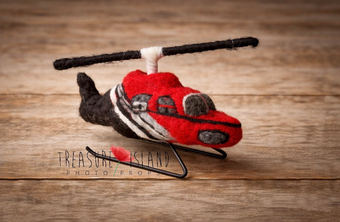 Hand-felted red rescue helicopter prop for newborn photography