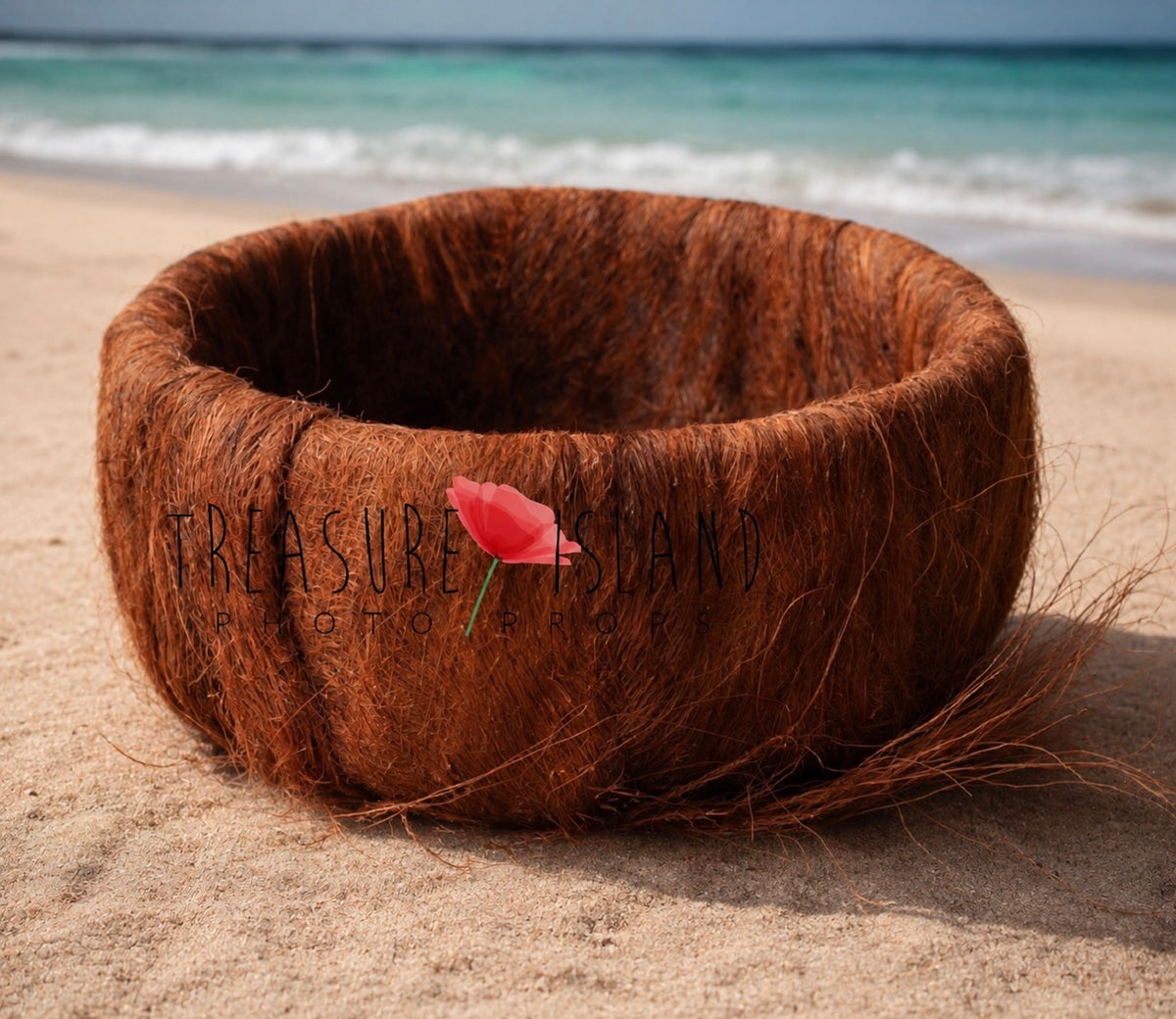 Handmade coconut fiber newborn photography bowl on a sandy beach with ocean background – natural tropical baby photo prop by Treasure Island Photo Props