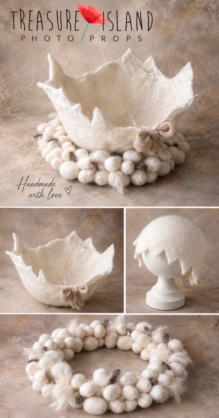 Handmade Easter newborn photography props featuring felted eggshell, egg wreath and bonnet