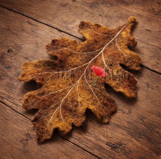 Handmade wet-felted Classic Oak autumn leaf posing layer in warm woodland tones for newborn photography