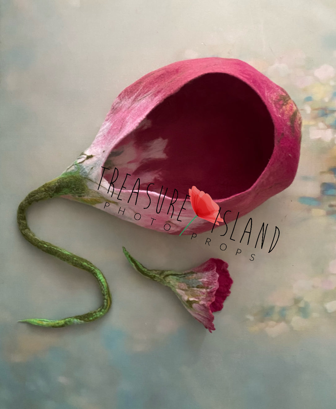 Handmade pink felted flower cocoon with sculptural green stem