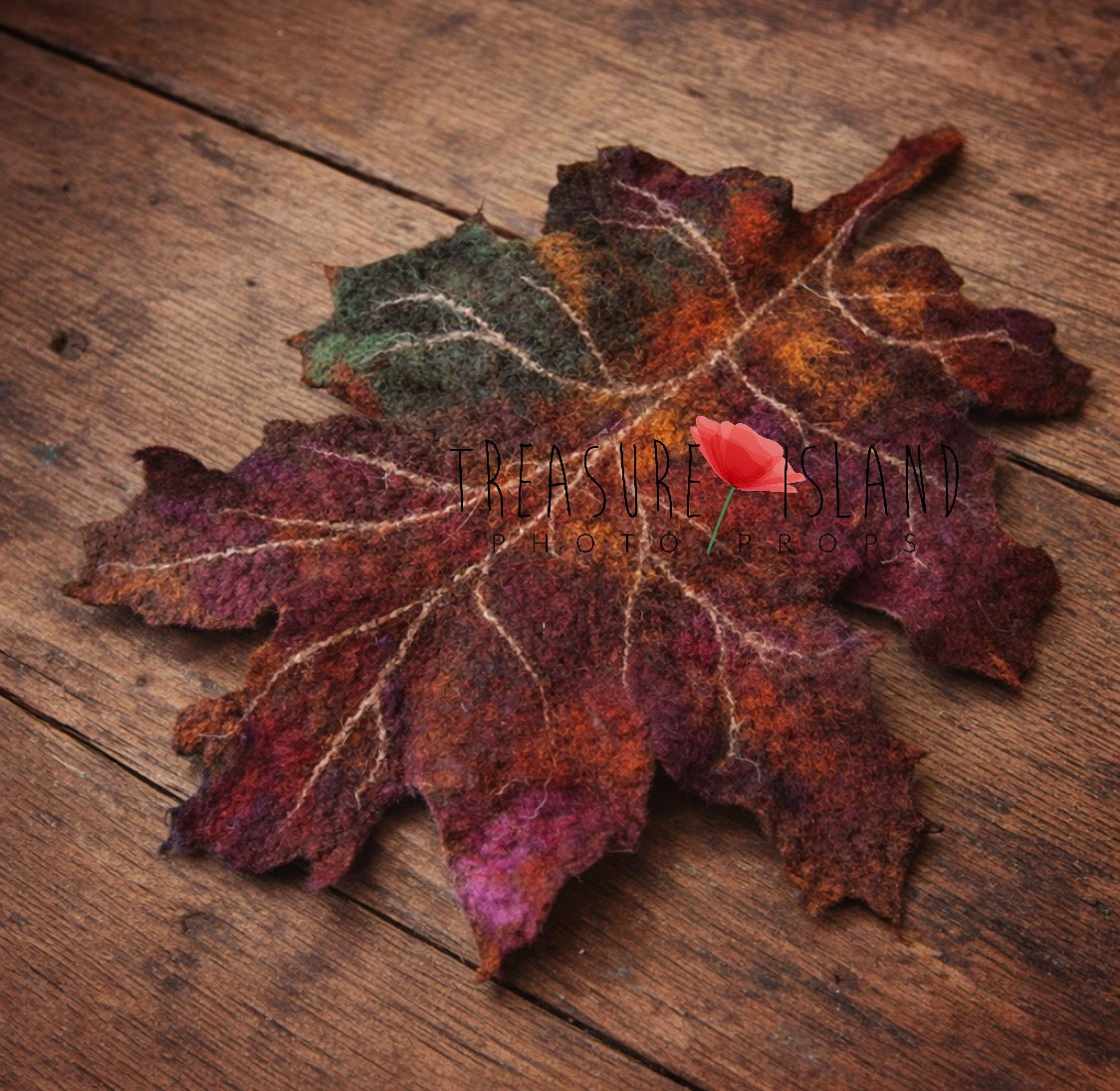 Handmade wet-felted merino wool maple autumn leaf photography prop in rich woodland tones