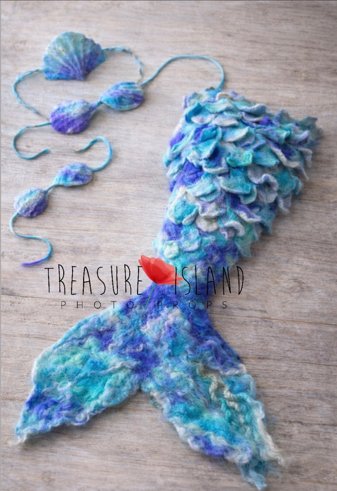 Ocean Aurora handmade felted mermaid tail with shell top and shell headband