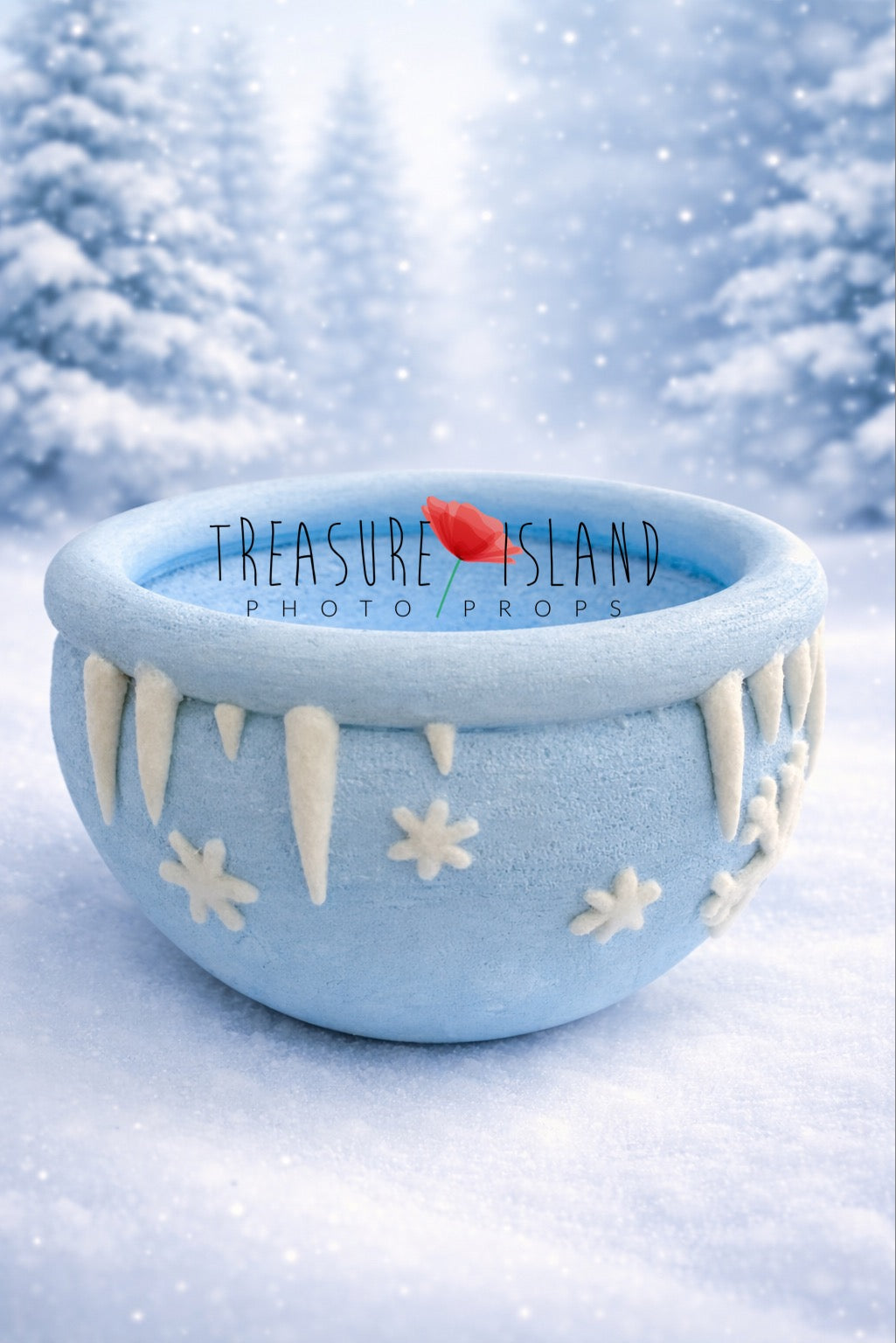 Blue Ice Land styrofoam bowl with handmade felt icicles and snowflakes for newborn and sitter photograph
