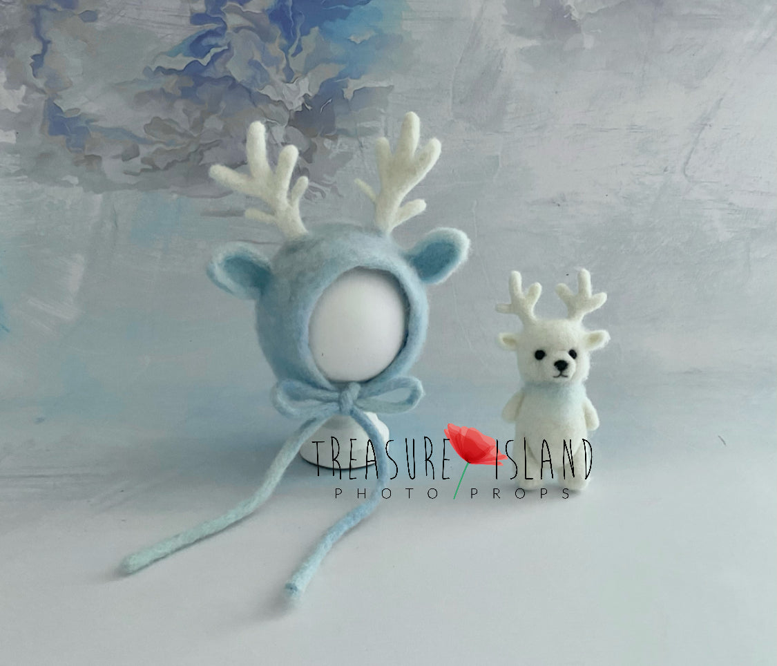 Hand-felted icy blue reindeer bonnet with white antlers and matching mini reindeer photography prop
